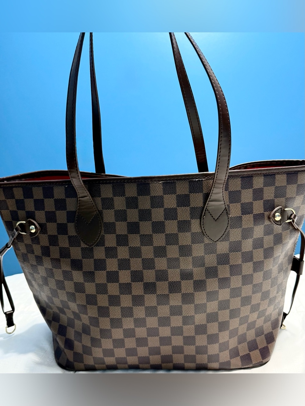 Classic Brown Checkered Tote with Dark Trim